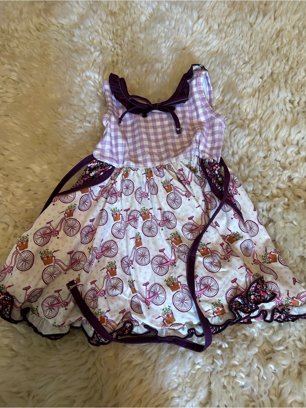 Cheeky Plum Purple Gingham Dress with Bicycle Print
